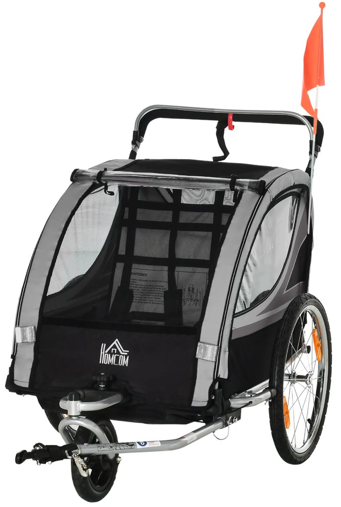 HOMCOM Przyczepka rowerowa dla dzieci, wózek do pchania, z hamulcami, składana, na 2 dzieci, Szary/Czarny