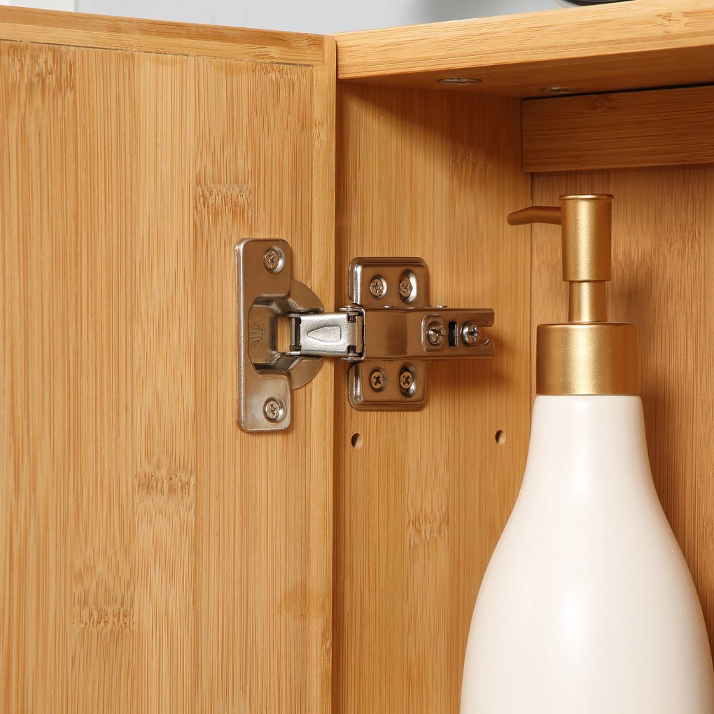 kleankin Szafka Łazienkowa z Drzwiami Lustrzanymi, Wiele Przegródek, Solidna Obudowa z Bambusa, 65,2 x 14 x 50 cm