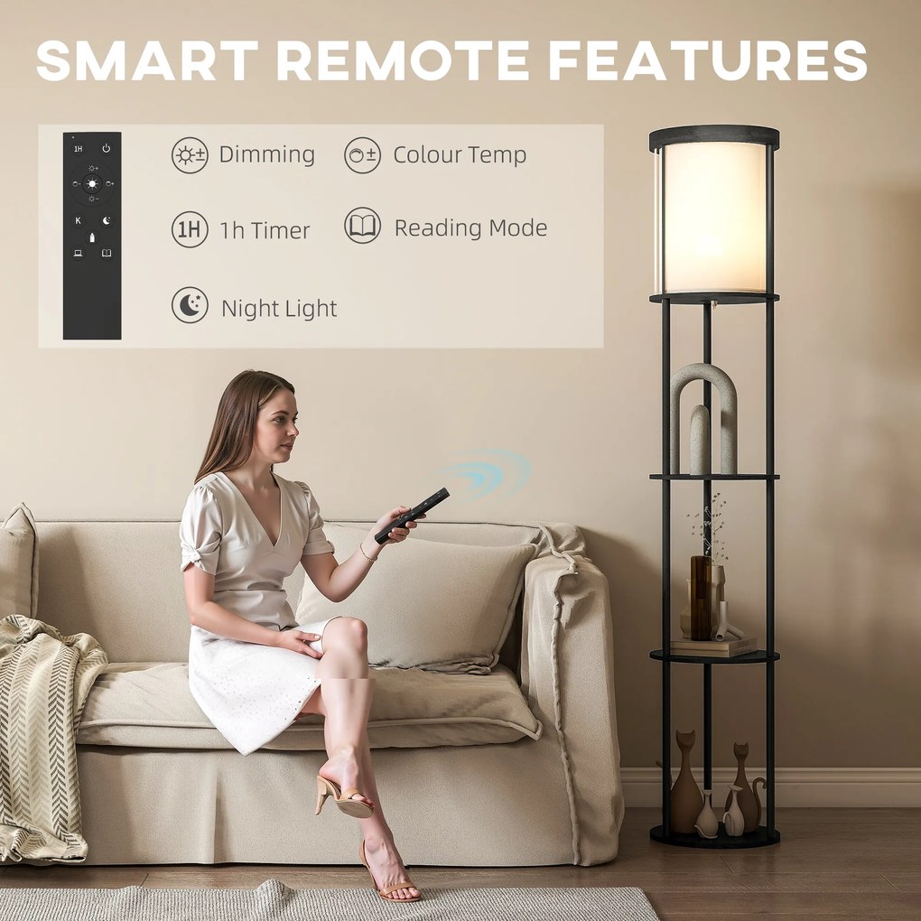 HOMCOM Lampa stojąca z 3 półkami, okrągły design, pilot zdalnego sterowania, włącznik nożny, regulowana temperatura barwowa, do salonu, Czarny