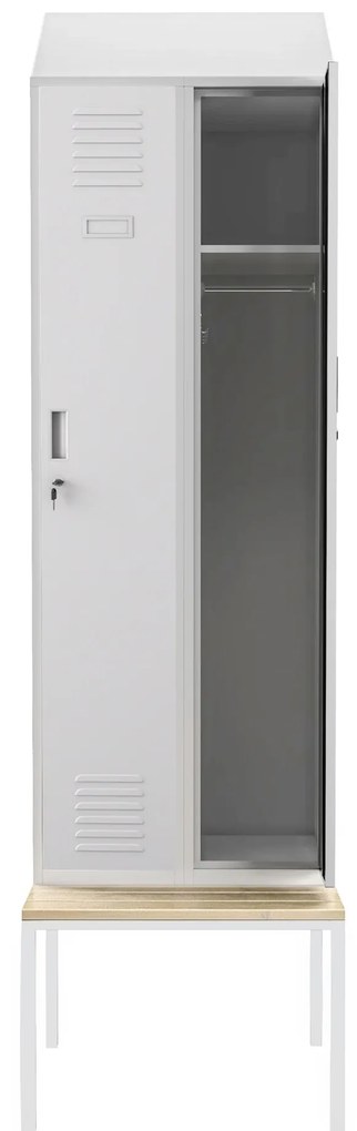 Szafka pracownicza ubraniowa wąska z ławką i daszkiem szara, 600x2295x850 mm: KACPER II PRO