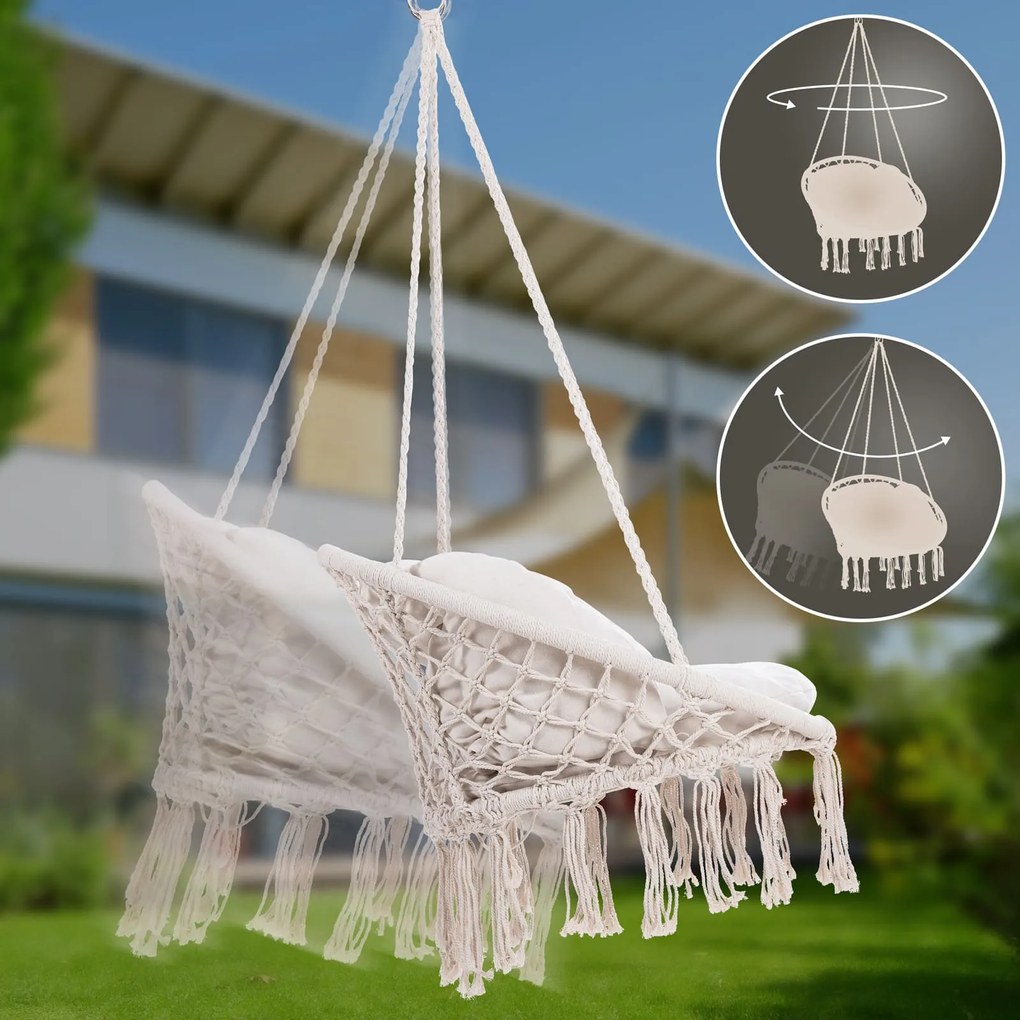 Jurhan Wiszące krzesło BOHO z poduszkami, Ø61cm, beżowa