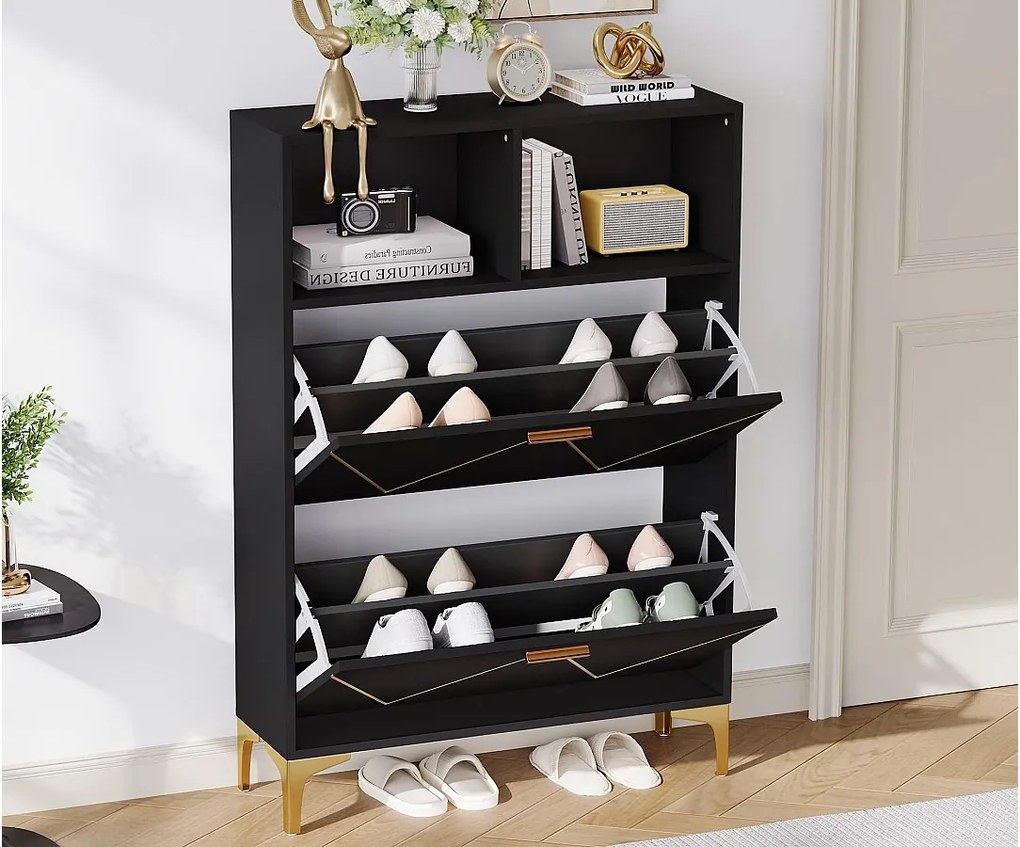 Szafa na buty 80x25x117 cm - z 2 drzwiczkami uchylnymi - z 2 półotwartymi półkami - MDF + Metal - Czarny