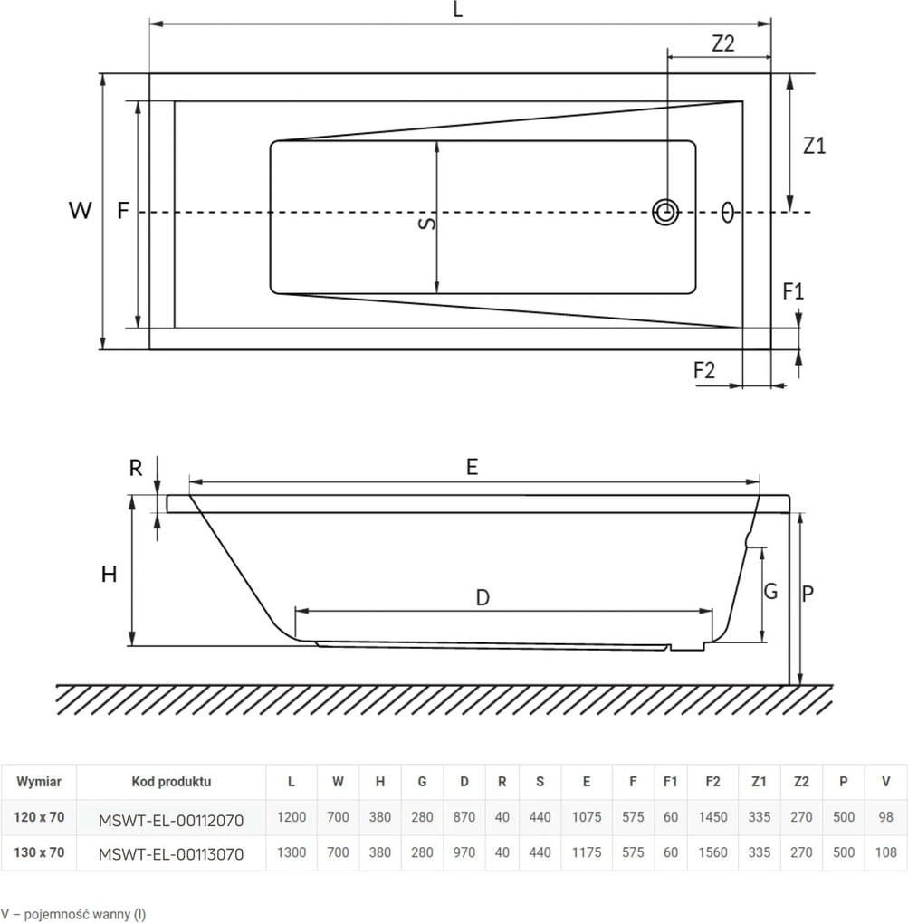 Wanna prostokątna mała 120 x 70 cm biała do zabudowy ELEGA MINI