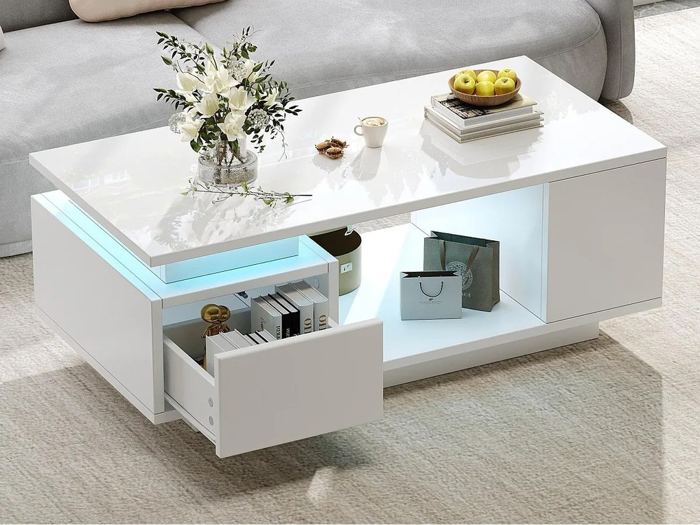 Lakierowany błyszczący stolik kawowy 100x50x36 cm - z oświetleniem LED - z 1 szufladą - z 4 przegródkami do przechowywania - Biały