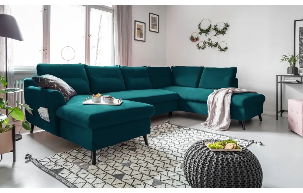 Turkusowa aksamitna rozkładana sofa w kształcie litery "U" Miuform Stylish Stan, prawostronna