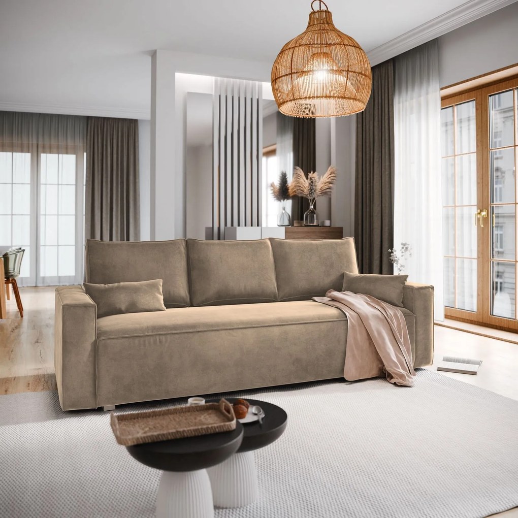 Masseno Sofa ALATRI z funkcją spania i pojemnikiem na pościel, Rozkładana sofa - Beżowy, MONOLITH 09