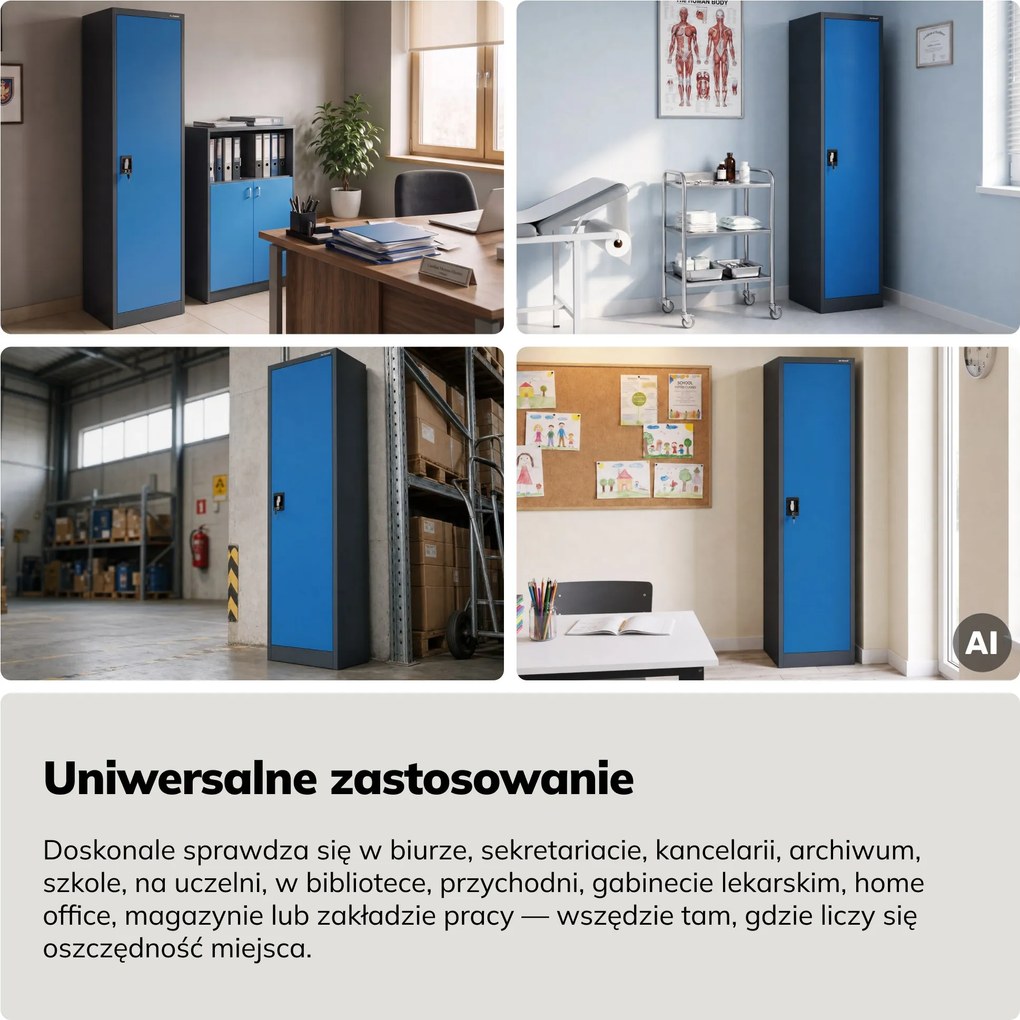 Szafa na akta kartotekowa na klucz antracytowo-niebieska, 450x1850x400 mm: ALEX