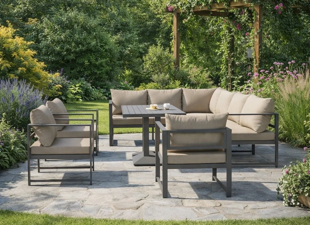 Narożnik ogrodowy Bellagio NM2006-BR z fotelami i stołem, szary, poduszki beżowe