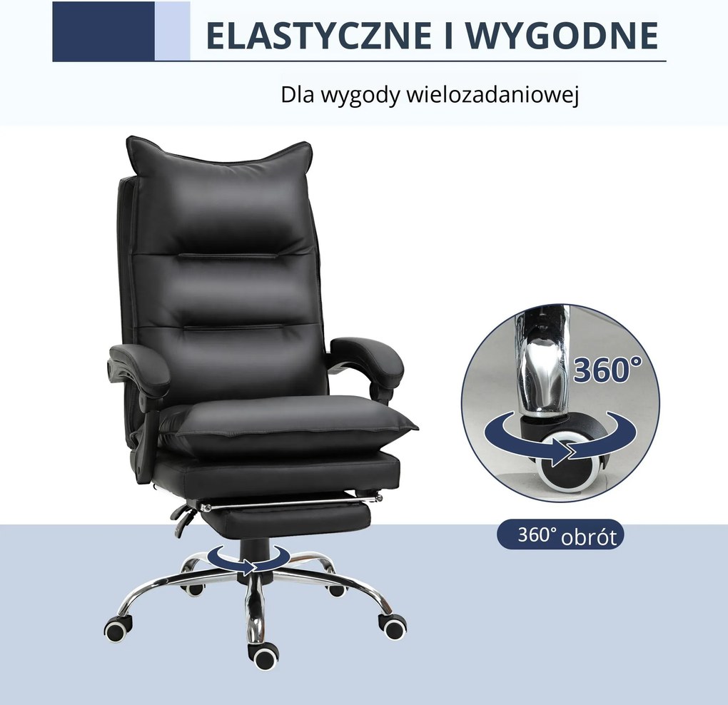 Vinsetto Krzesło biurowe z podnóżkiem ergonomiczne oparcie czarne ze sztucznej skóry | Aosom PL
