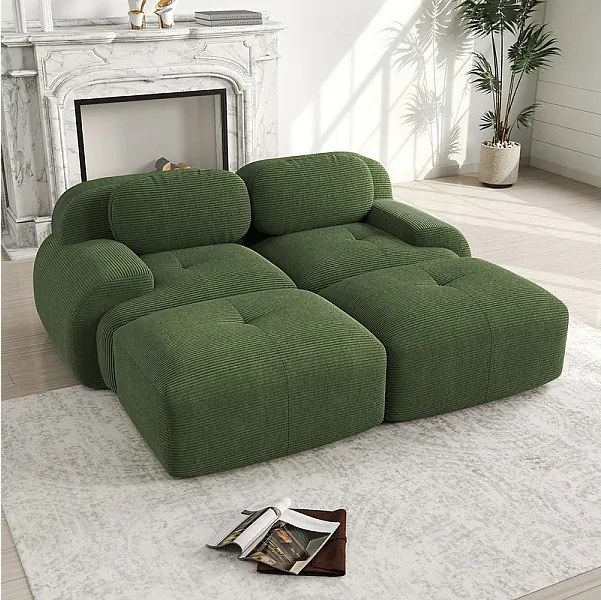Modułowa sofa welur prążkowany - 2-osobowa - z 2 poduszkami i 2 pufami - spód antypoślizgowy - 208x178x70cm - Zielony