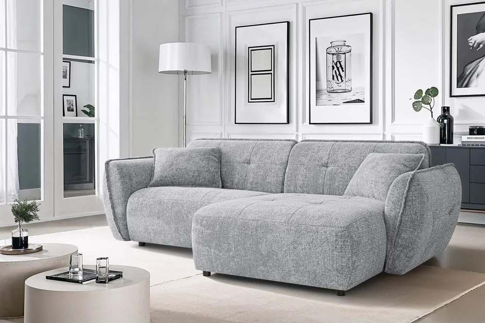 Jasnoszary narożnik z tkaniny szenilowej (prawostronny/z szezlongiem) Nelia – Ropez
