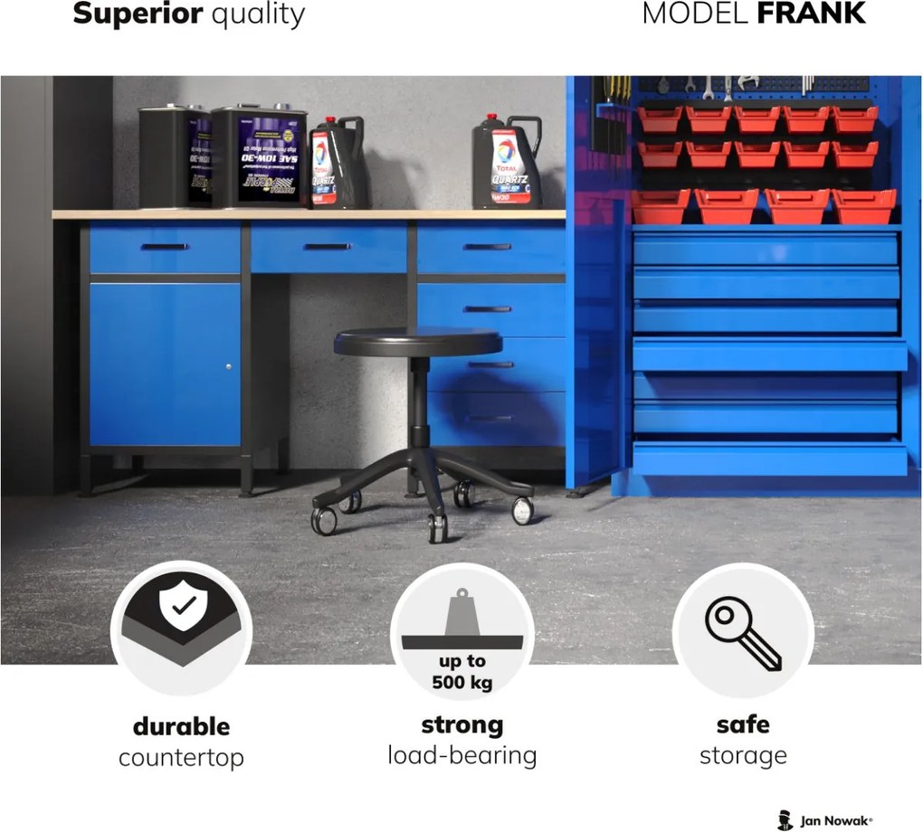 Szeroki stół warsztatowy z szafką i szufladami Frank antracytowo-niebieski