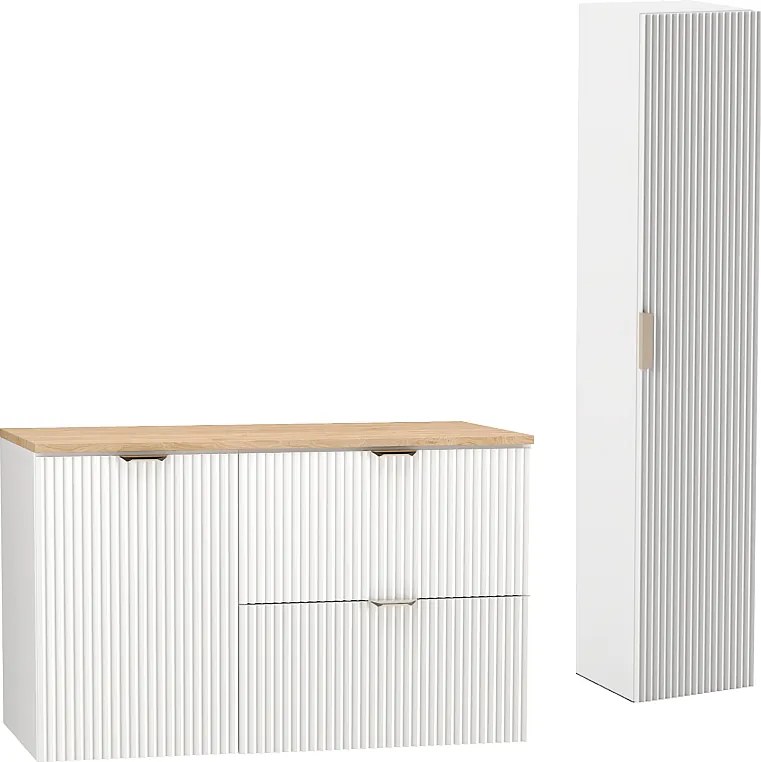 Biały Zestaw do Łazienki 100cm Szafka pod Umywalkę Blat Szafka z Koszem Słupek Ryflowane Fronty