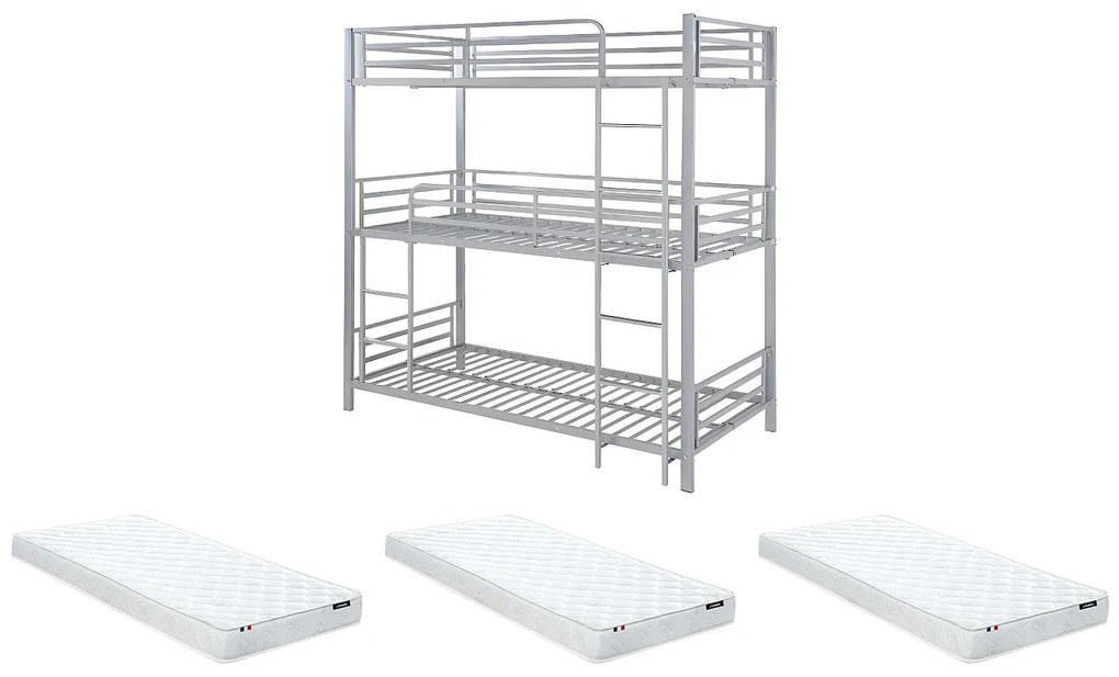 Łóżko piętrowe trójpoziomowe - 3 × 90 × 190 cm - metal - kolor srebrny z materacami w zestawie - ELOUAN III