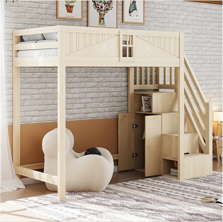 Łóżko piętrowe dla dzieci - 90 x 200 cm - ze schodami do przechowywania + okno + szafa - drewno + płyta MDF - naturalne