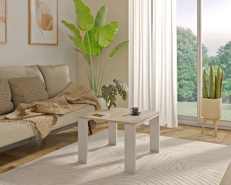 Skandynawski stolik kawowy kwadratowy dąb sonoma + biały M3-R81