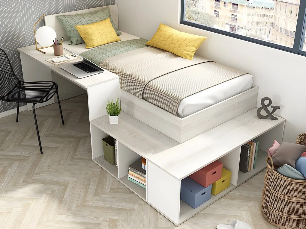 Łóżko piętrowe 90 x 200 cm ze skrzynią i i biurkiem - Naturalny i biały + Stelaż - RIGALI