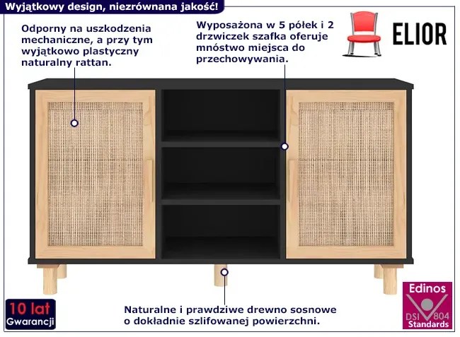 Czarna komoda z półkami na nóżkach - Cukor 5X