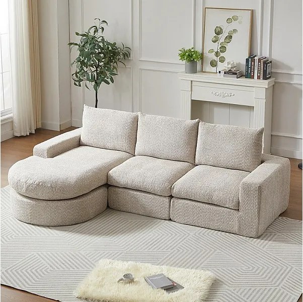 Modułowa Narożna Sofa 3-osobowa, z Wyokrągloną Reversybilną Leżanką, 3 Poduszkami i Poduszkami pod Głowę, Tkanina Chenille, Beżowy