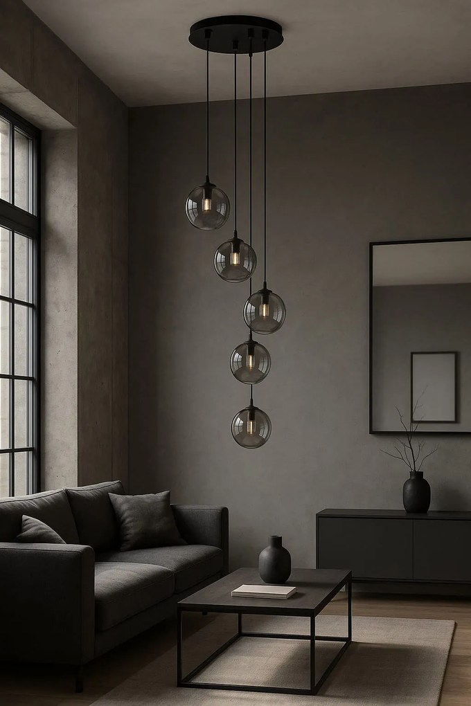 Lampa wiszaca pięć grafitowych kloszy Dori 5, oświetlenie stolika