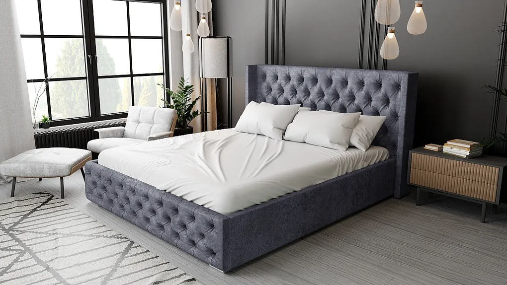 Emporius Rolia łóżko chesterfield 160x200 - pojemnik i stelaż, wysoka jakość - łóżko dwuosobowe 160x200 w stylu glamour - aksamit, ciemny szary (Paros 6)