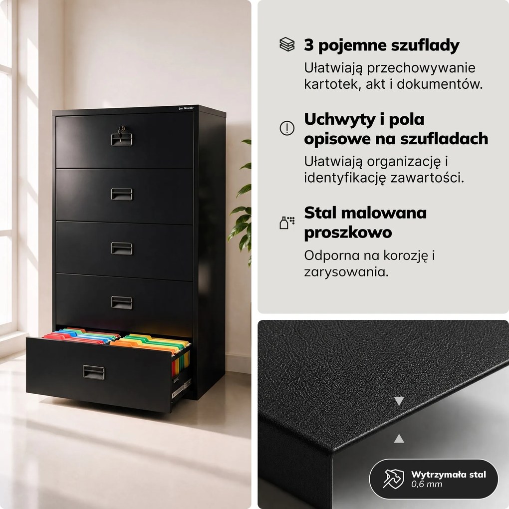 Szafa kartotekowa metalowa z 5 szufladami czarna, 900x1620x600 mm: SARA XL V5