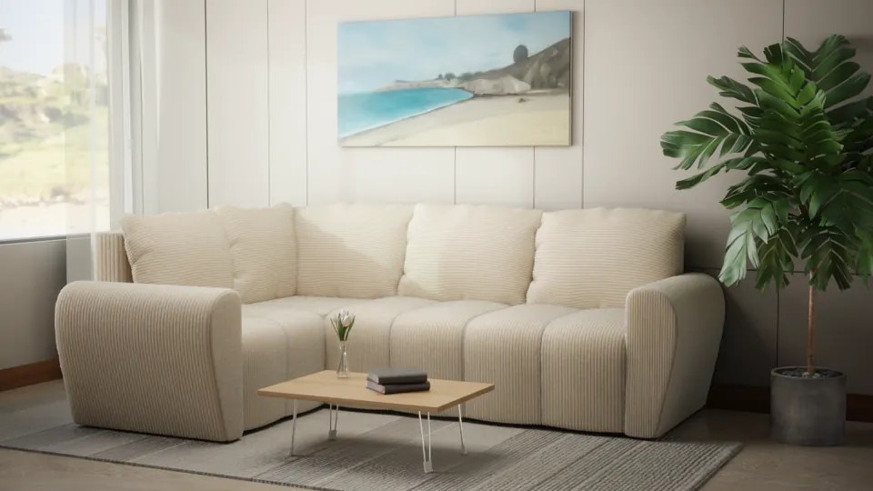 Komfortowa sofa narożna BUENO II z funkcją spania, tapicerowana w niebieskim kolorze, schowek pod siedziskiem