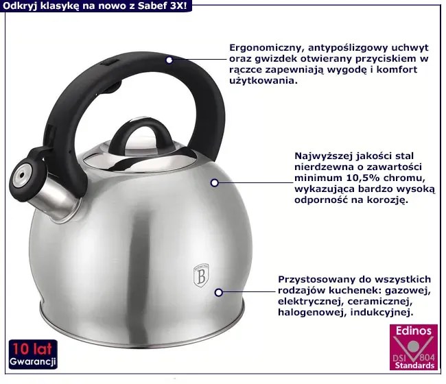 Srebrny tradycyjny czajnik z gwizdkiem 3L - Sabef 3X