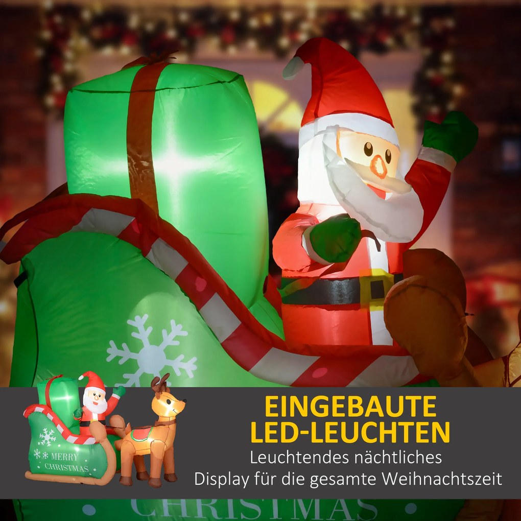 Outsunny Mikołaj na saneczkach z reniferem, dmuchany, z białym oświetleniem LED, 210 x 80 x 140 cm