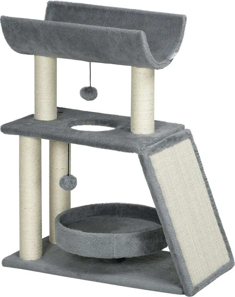 PawHut Drapak dla kota, w zestawie zabawka i legowisko, 60 cm x 30 cm x 76 cm, jasnoszary | Aosom PL