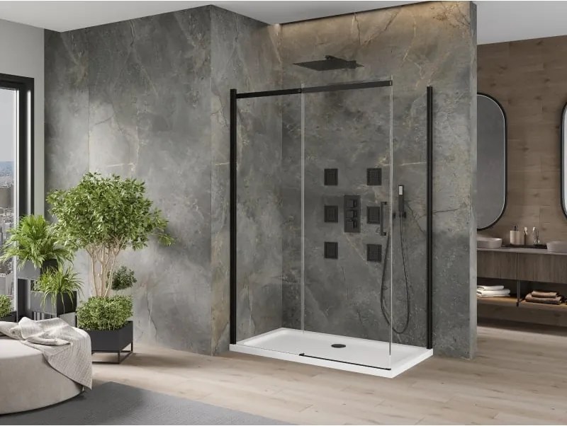 Mexen Omega kabina prysznicowa rozsuwana 140 x 80 cm, transparent, czarna + brodzik Flat, biały - 825-140-080-70-00-4010B
