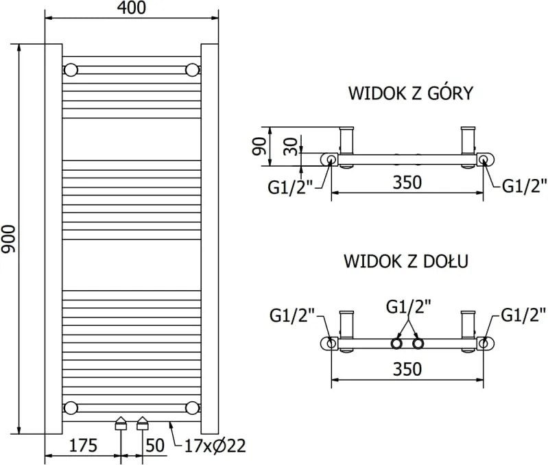 Mexen Mars grzejnik łazienkowy 900 x 400 mm, 309 W, czarny - W110-0900-400-00-70