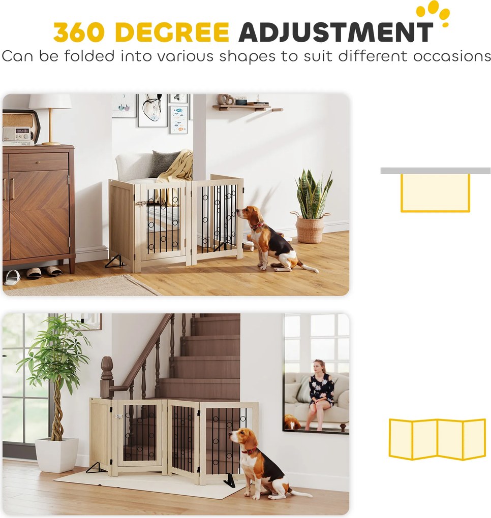 PawHut Wolnostojąca bramka dla zwierząt, bramka dla psa z drzwiami, 4 panele, do korytarza, schodów, ościeżnicy drzwiowej, MDF, stal | Aosom PL