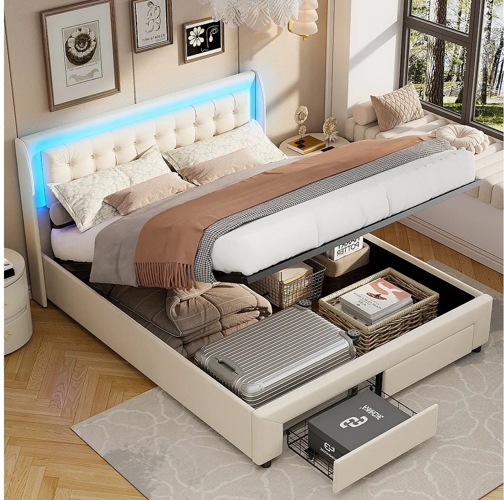 Łóżko z pojemnikiem 140x190 cm, łóżko podwójne z 2 szufladami i oświetleniem LED, stelaż z listew, aksamit, beż
