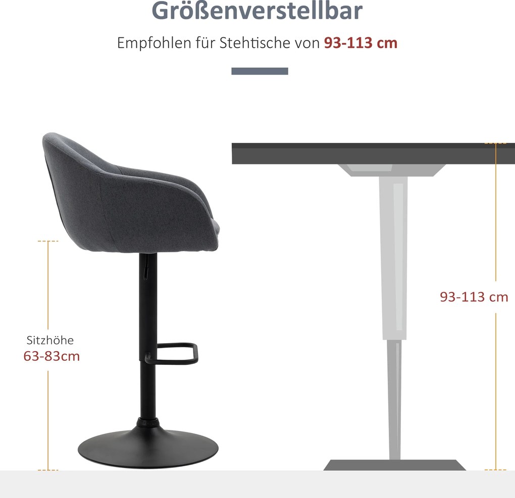 HOMCOM Barstool 92-112cm Regulowany na wysokość Barowy krzesło w stylu lnianym Ciemnoszary