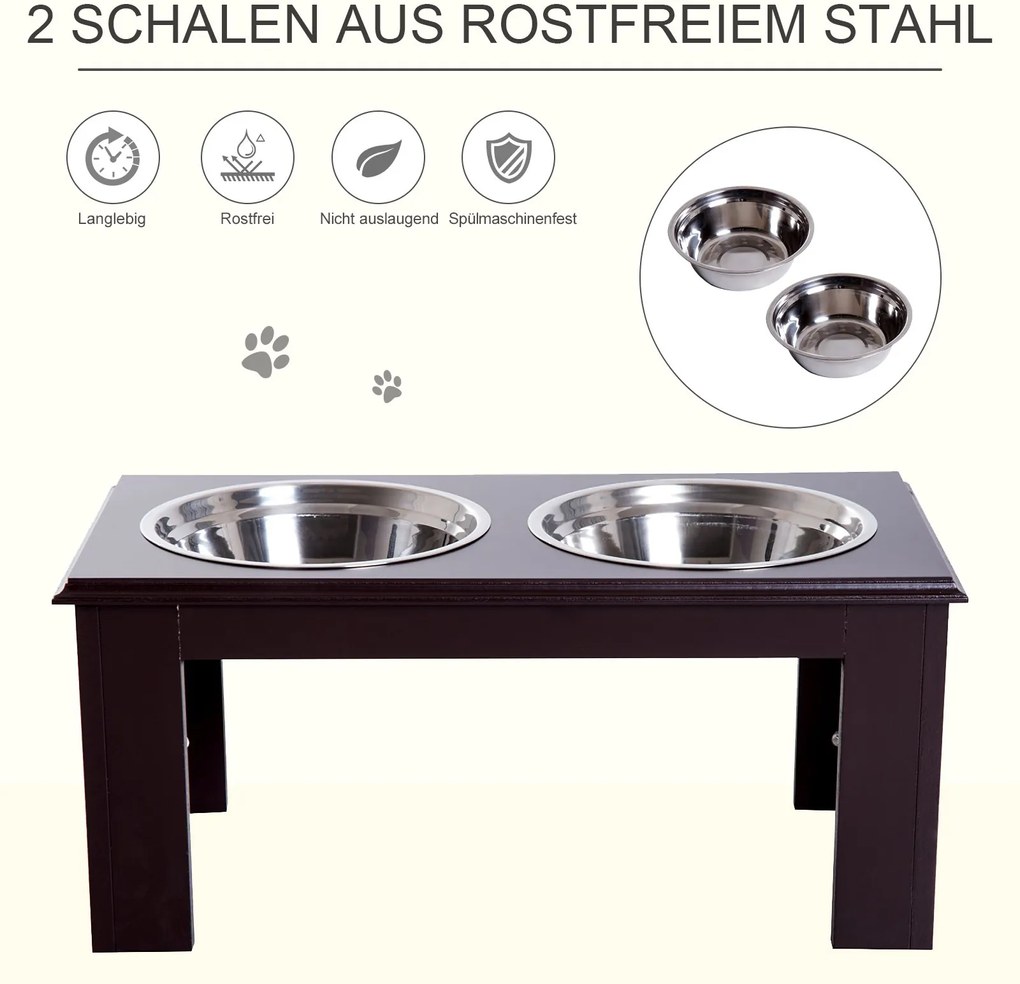 PawHut® Stojak na Miski dla Psa Kota Podwyższony 2 Miski Stal Szlachetna Płyta MDF Kawowy | Aosom.pl