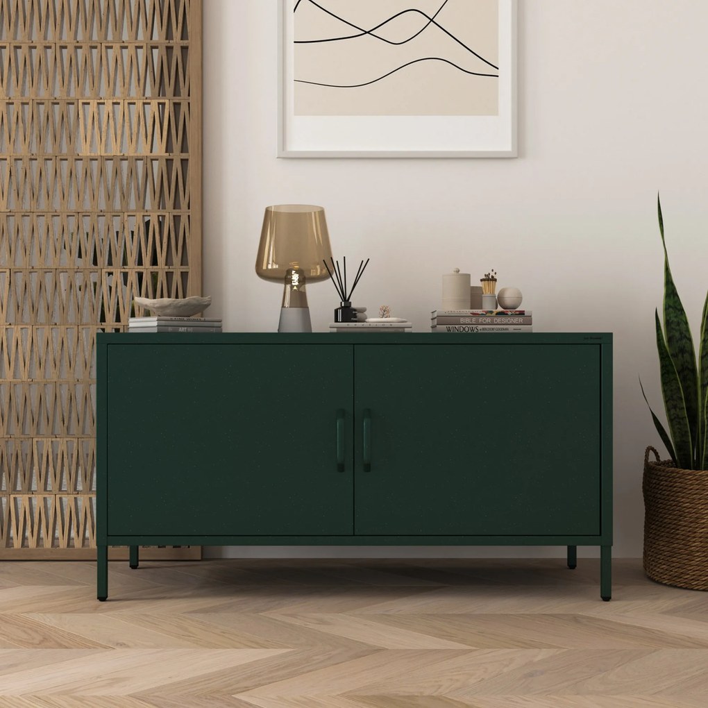 Szafka RTV metalowa na nóżkach butelkowa zieleń, 1150x595x400 mm: ROSA Modern
