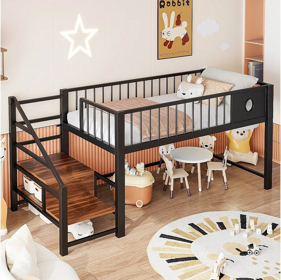 Łóżko piętrowe dla dzieci niskie - 90 x 200 cm - z drabinką do przechowywania - rama metalowa - czarne