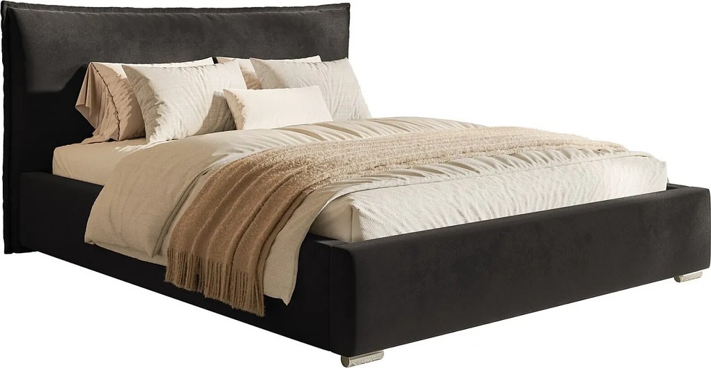 Łóżko tapicerowane 160x200 Zenito - pojemnik, stelaż metalowy, zagłowie-poduszka - czarny (Amor Velvet 4322)