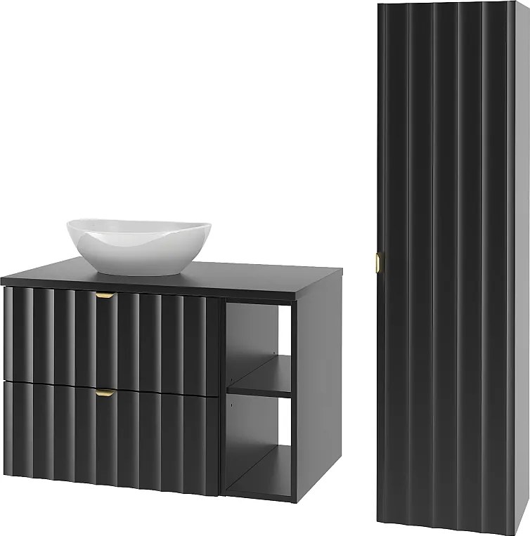 Czarny Zestaw Łazienkowy 80cm Szafka z Blatem Regał Umywalka Słupek Ryflowane Fronty Arcos