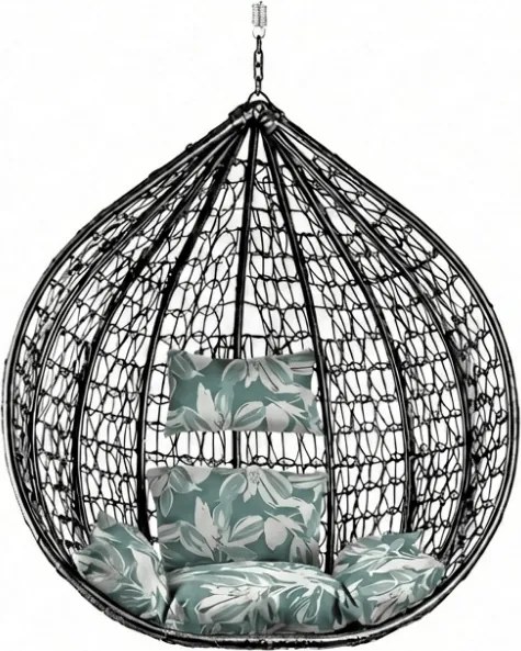 Czarny wiszący fotel KOKON bez stojaka, zielono-biała poduszka