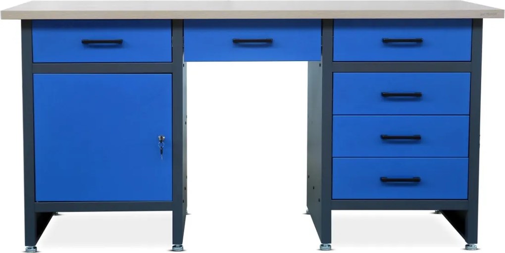 Szeroki stół warsztatowy z szafką i szufladami Frank antracytowo-niebieski
