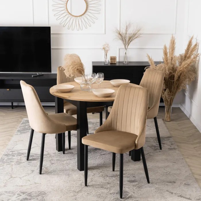 Zestaw Stół Okrągły Rozkładany HARRY 102-142 cm Dąb Artisan/Czarny i 4 Krzesła Tapicerowane BARI Beż Nowoczesne