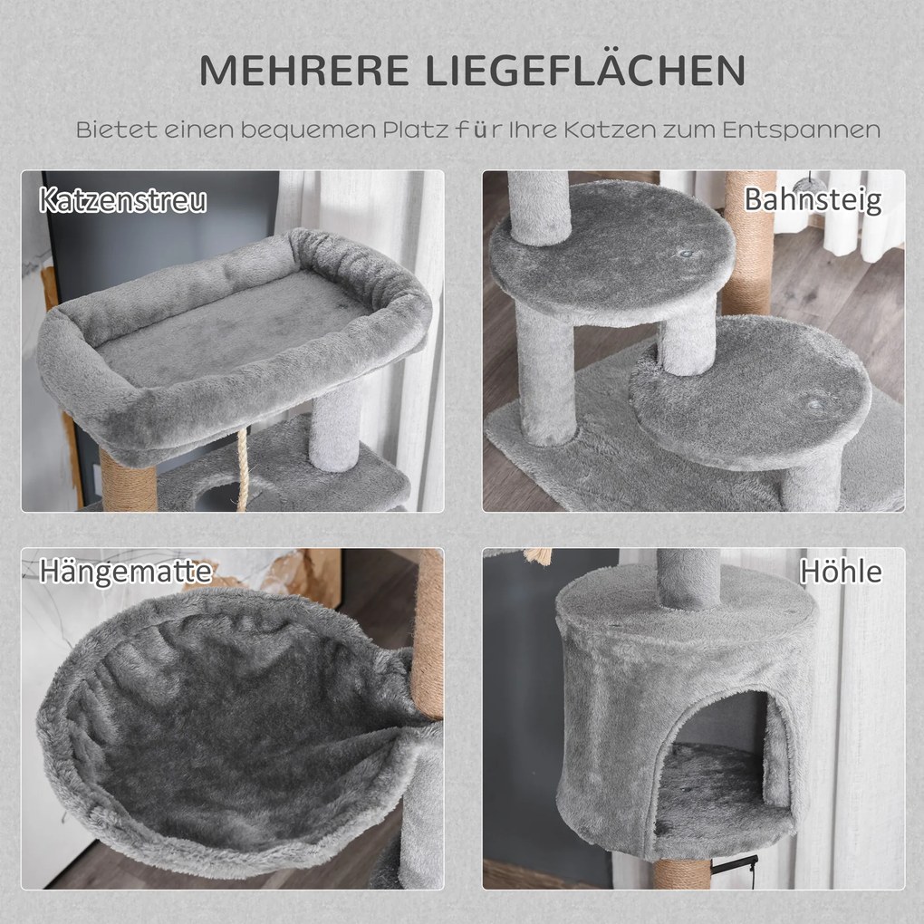 7 PawHut Drapak dla kotów z schowkiem łóżkiem hamakiem i zabawką w kolorze jasnoszarym kompleksowa rozrywka i odpoczynek | Aosom PL