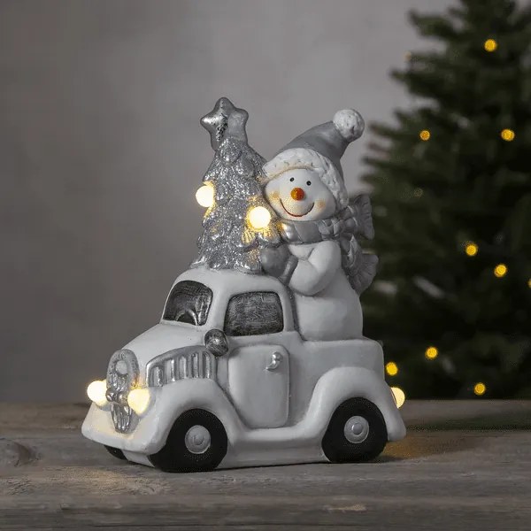 Ceramiczna figurka świąteczna srebrny bałwanek w aucie Friends