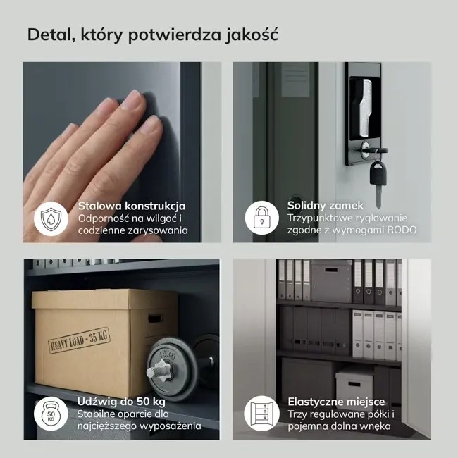 Szafa biurowa metalowa niska z 3 półkami antracytowo-biała, 900x1400x400 mm: KEVIN