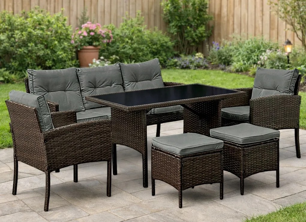 Zestaw mebli stołowych do ogrodu dla 7 osób Betim 078 brąz, poduszki szare