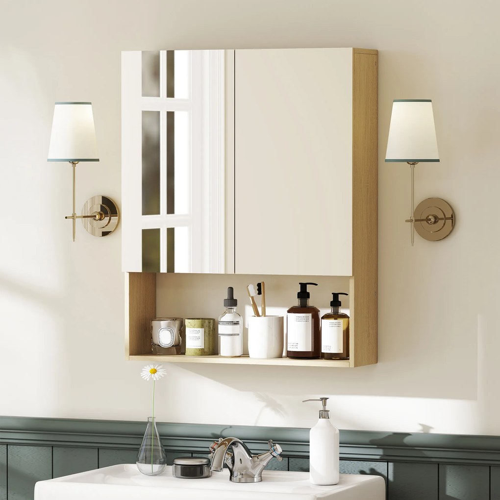 HOMCOM szafka łazienkowa z lustrem, drzwi z lustrem, otwarta półka, montaż na ścianie, MDF, płyta wiórowa, dąb