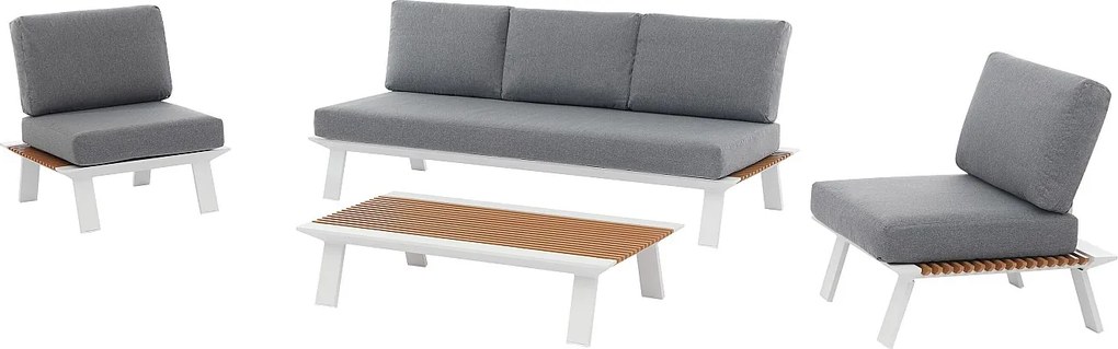 Meble ogrodowe aluminiowe: kanapa  3-osobowa, 2 fotele i stolik kawowy - Jasny naturalny z antracytowymi poduszkami - MALLY od MYLIA