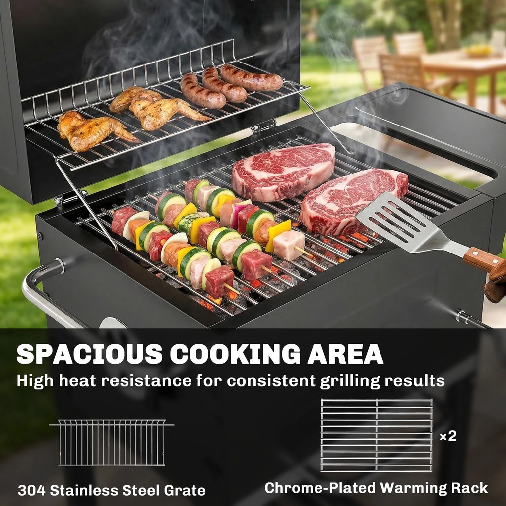 Outsunny Kompaktowy grill węglowy z pokrywą, termometrem, składanym bocznym blatem, szufladą na popiół i otworami wentylacyjnymi | Aosom PL